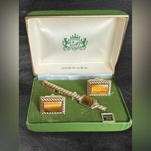 QUALITY VINTAGE TIGER’S EYE TIE BAR & CUFFLINKS Set By Anson Genuine Stone USA